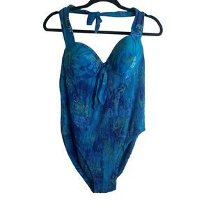 Vintage Ruby’s Moods Swimsuit Womens Sz L Blue Watercolor Pinup 90s Smocked